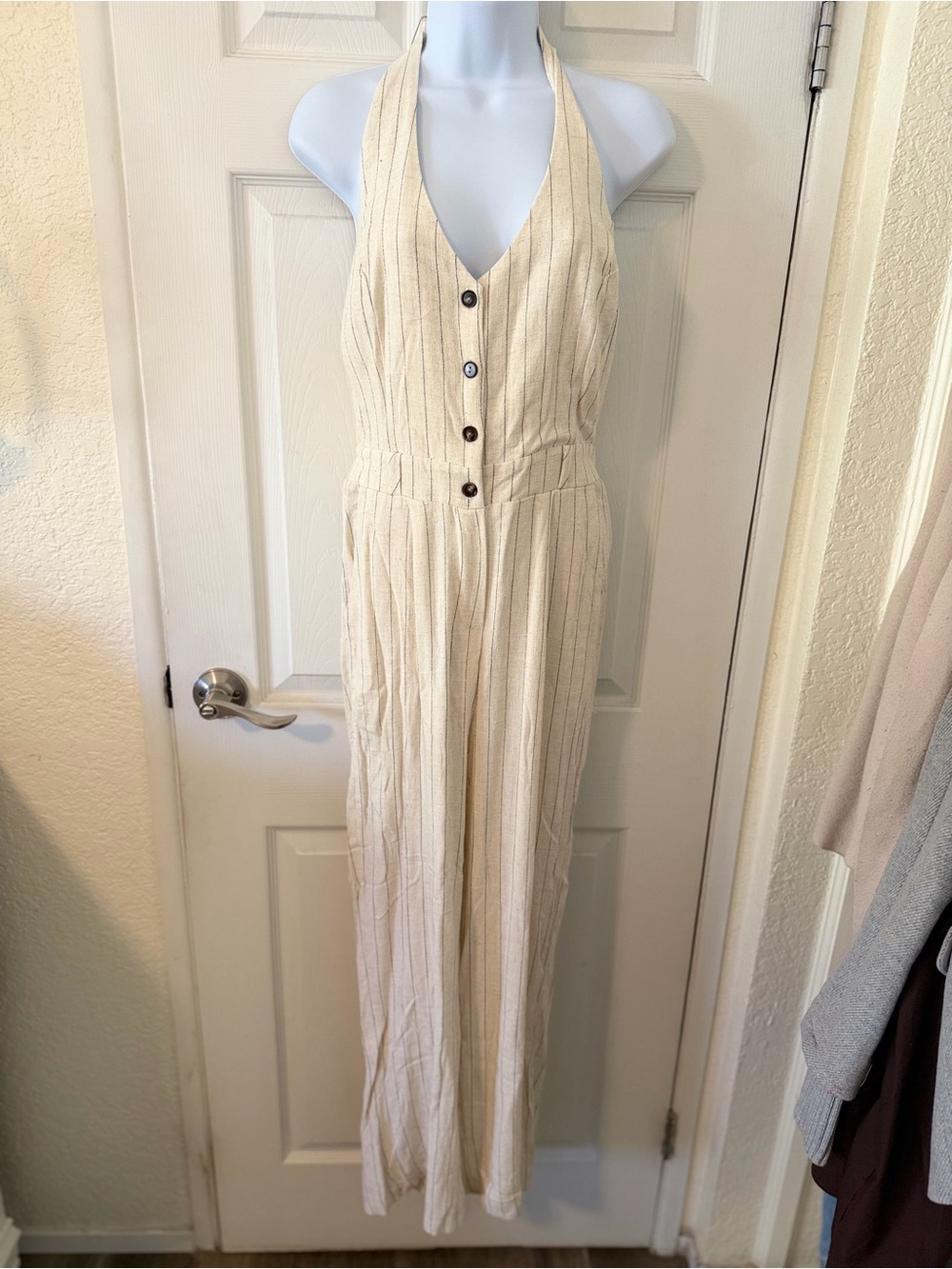 Monteau Cream Halter-Neck Striped Jumpsuit